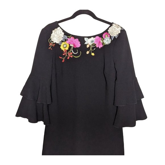 Trina Turk Leona embroidered V-back Sheath‎ black Tiered ruffled sleeves dress 8 - Picture 3 of 10